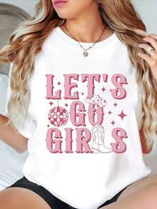 Camiseta Gráfica "Let'S Go" para Mujer - Camiseta Negra Casual de Cuello Redondo y Manga Corta con Diseño de Bota Rosa y Estrella, Comodidad para Todas las Temporadas, Lavable a Máquina, Camiseta para Todas las Temporadas |   Top con Estampado Divertido |   Ajuste Cómodo, Camisetas para Damas 2026 Ropa Fresca de Verano para Mujer - Blanco - Ver 1