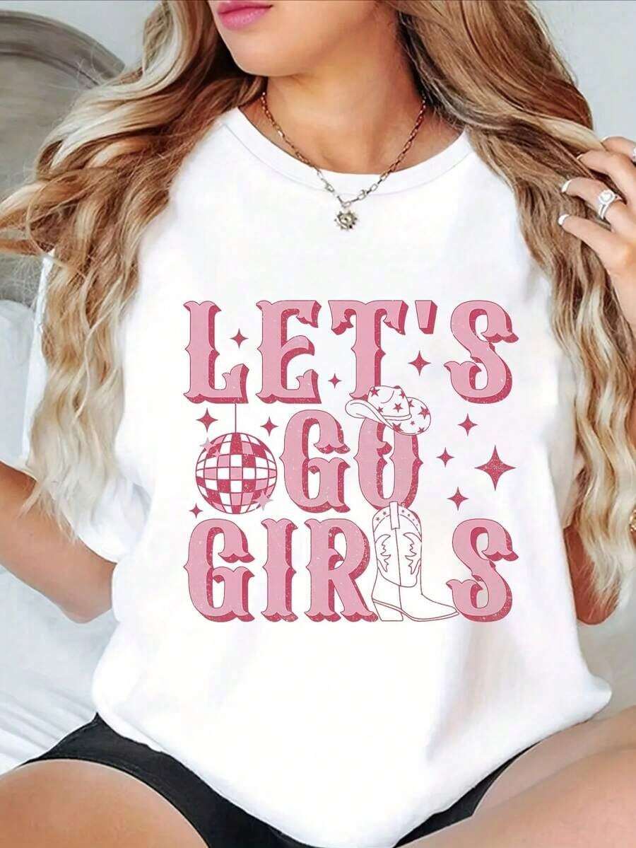 Camiseta Gráfica "Let'S Go" para Mujer - Camiseta Negra Casual de Cuello Redondo y Manga Corta con Diseño de Bota Rosa y Estrella, Comodidad para Todas las Temporadas, Lavable a Máquina, Camiseta para Todas las Temporadas | Top con Estampado Divertido | Ajuste Cómodo, Camisetas para Damas 2026 Ropa Fresca de Verano para Mujer - Blanco - Ver 1