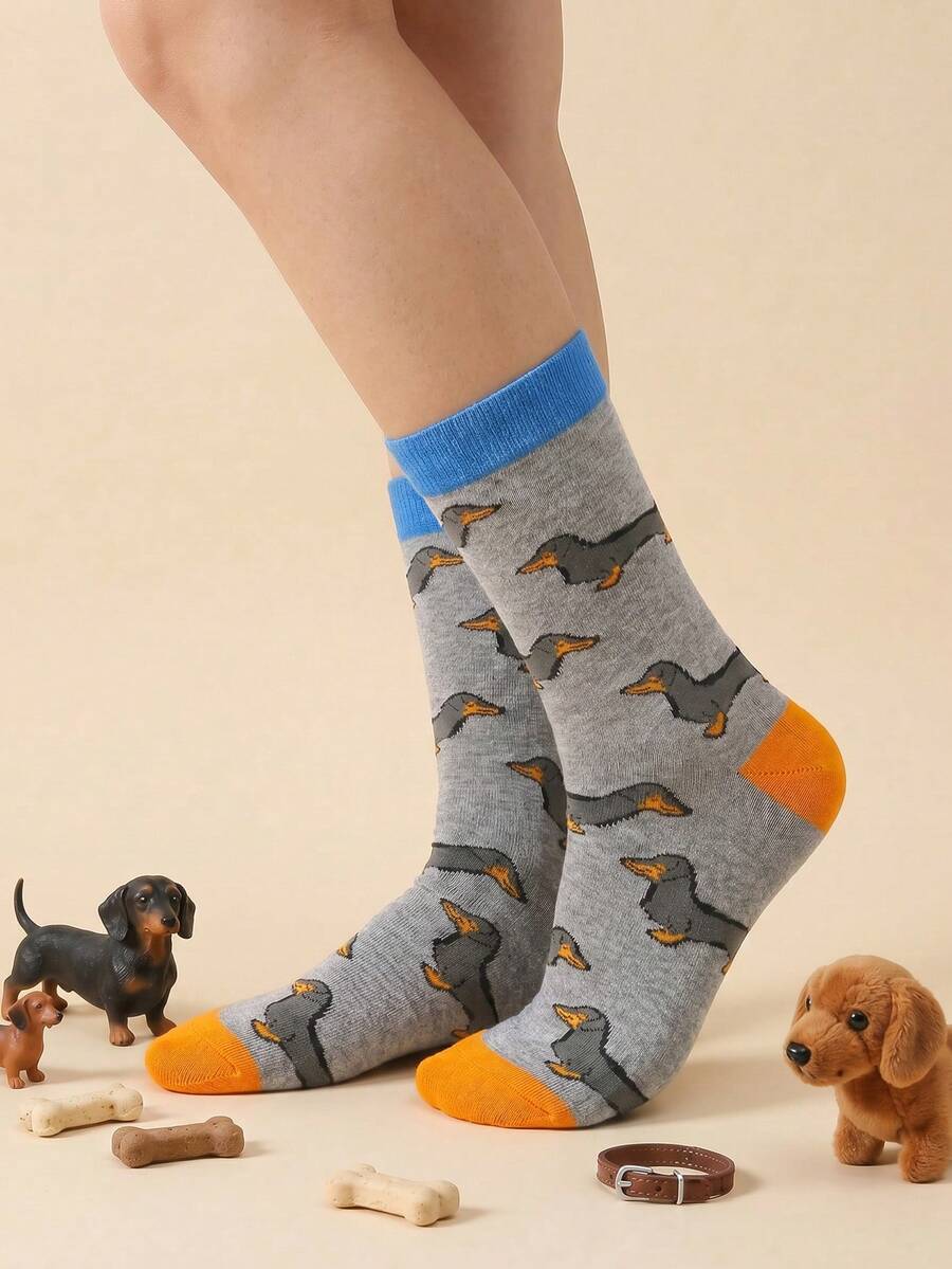 1 Pair Unisex Cute Dachshund Dog Pattern Mid-Calf Socks, Unique And Fun Dog Socks Suitable For All Seasons Daily Wear - Multicolor - View 1