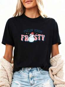 1 pieza de camiseta verde para mujer con estampado de Papá Noel navideño - Top casual de manga corta con cuello redondo, suave y elástico, con gráficos de muñeco de nieve y "Feelin' Kinda Frosty", ropa de temporada para fiestas navideñas, 180g, 100% algodón. - Negro 1 - Ver 8