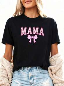 1 Piece Women's Graphic T-Shirt "Mama" 100% 180gsm - Pink Bow And Shiny Finish, Retro Aesthetic, Short Sleeve, Round Neck - Comfortable Casual Wear, Spring Mother's Day Gift, Versatile For All Seasons S180g 100% Cotton - Black 1 - 查看 2