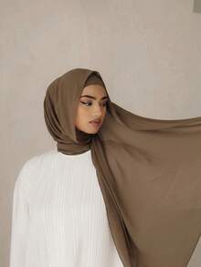 2pcs/Set Women Solid Color Chiffon Hijab With Matching Tube Cap, Comfortable Breathable Chiffon Headscarf And High-Quality Jersey Inner Cap, Muslim Daily Wear, Suitable For Work, Commute, Outing, Party, Prayer, All Seasons - 7# Dark Khaki - View 3