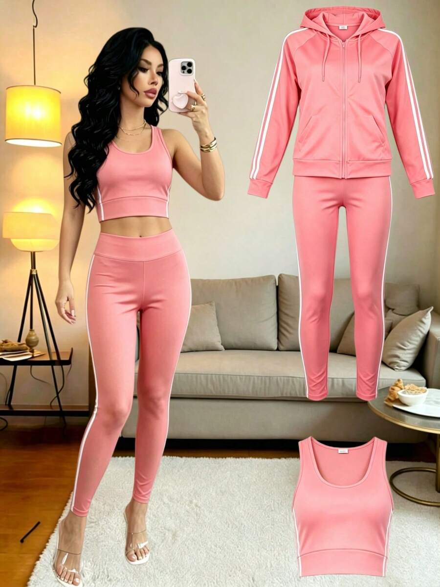 Conjunto de 3 piezas de ropa deportiva para mujer que incluye: Cárdigan con cremallera de punto negro + Top de tirantes + Pantalones - Rosa - Ver 1