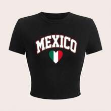 2026 Camiseta ajustada de cuello redondo con estampado de letras para el verano en México, con un diseño moderno; estilo sensual y atrevido al estilo europeo y americano, con corte que deja el ombligo al descubierto, muy a la moda - Negro - Ver 3