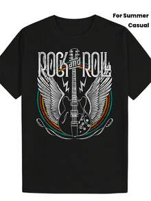 Camiseta casual negra para hombre con un gráfico de Rock & Roll con una guitarra, alas y un diseño de rayo. Tiene mangas cortas, cuello redondo y es perfecta para las vibras de la música de verano. - Negro - Ver 1