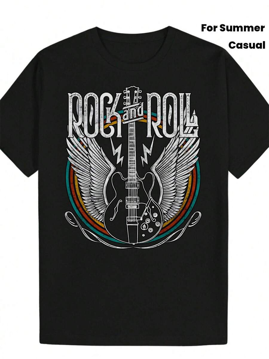 Camiseta casual negra para hombre con un gráfico de Rock & Roll con una guitarra, alas y un diseño de rayo. Tiene mangas cortas, cuello redondo y es perfecta para las vibras de la música de verano. - Negro - Ver 1