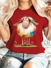 Cute Animal Series: Women's Summer T-Shirt With Sheep Print, Round Neck, Short Sleeve, Comfortable, Soft, Stylish, Fantasy Style, Vintage, Casual, Versatile, Sporty, Available In Sizes S-XXL For Spring, Summer, Autumn And Winter - [紅色的] - 查看 7