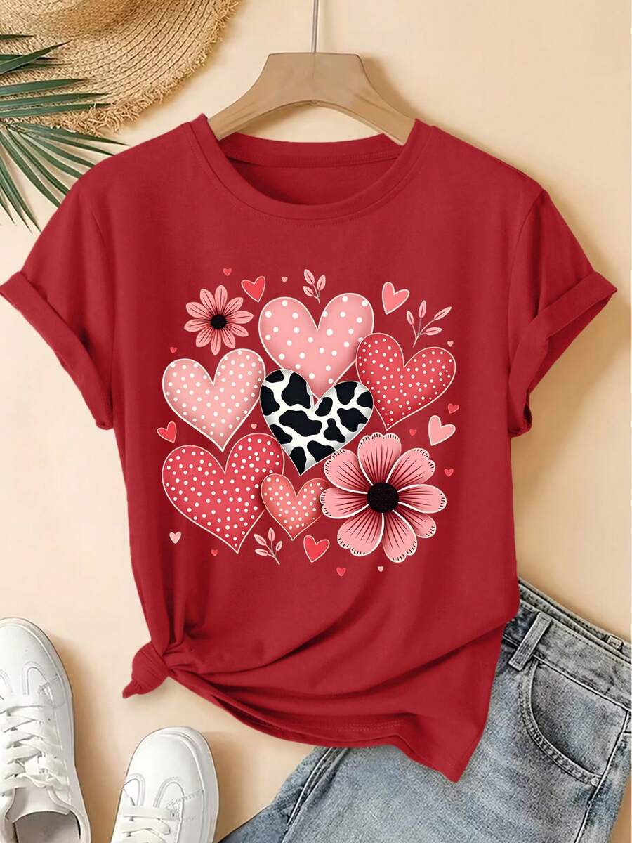 2026 Spring/Summer New Women's Short Sleeve T-Shirt With Round Neck And Polka Dot, Heart And Flower Print, Vintage Distressed Casual Sporty Style, High Quality Soft Women's Clothing | Fun And Original Design | Young And Playful Top - [紅色的] - 查看 1