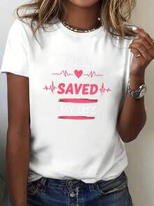 Camiseta con estampado de corazón "Linda me salvó la vida", top casual de manga corta y cuello redondo, adecuada para verano y primavera, ropa de mujer. - Blanco - Ver 7