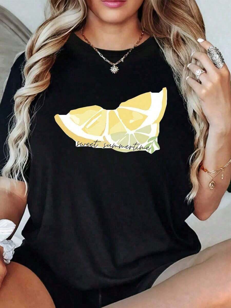 CasualBasic Women's Lemon Slice Graphic Print T-Shirt, Summer Casual Style, 100% Cotton, Crew Neck, Loose Fit. Comfortable T-Shirt For Everyday Wear, Women's Cotton Clothing. - 黑色 - 查看 1