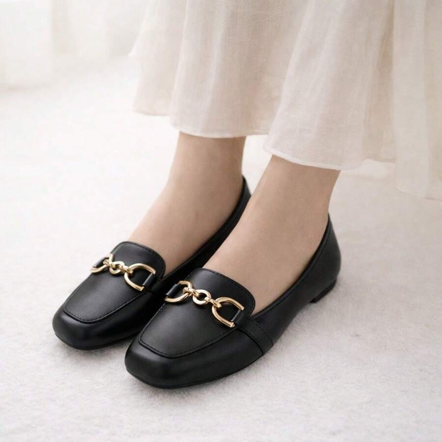 Women's Square Toe Loafer With Chain Detail, Comfortable Casual Style - Negro - Ver 1