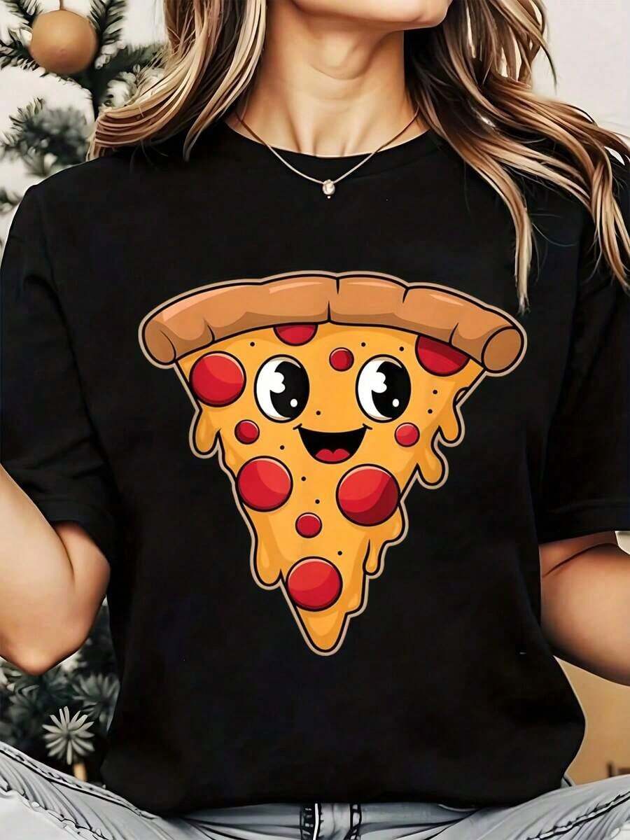 Camiseta de Mujer con Estampado de Rebanada de Pizza, Cuello Redondo, Casual, Uso Diario, Suave y Cómoda, para Vacaciones, 220g, Playera Holgada para Mujer - Negro - Ver 1