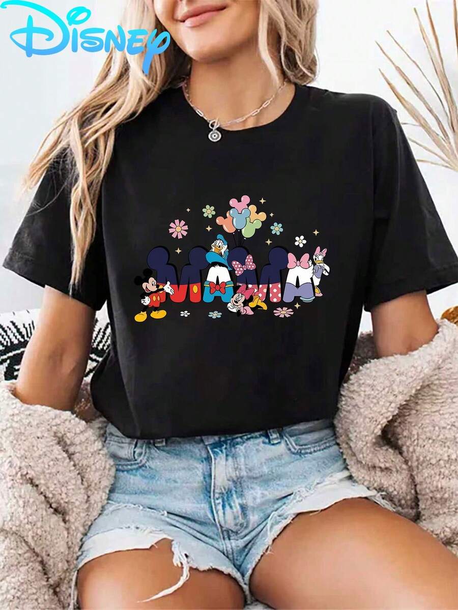 Disney Mickey And Minnie MAMA Letter Print T-Shirt, A Playful Short-Sleeve Top For Mother'S Day, Perfect For Women'S Casual In Spring And Summer, An Ideal Choice For Holiday Gifts, Birthday Presents, And Mother'S Day Surprises - màu đen - Xem 1