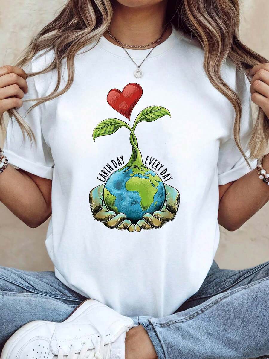 Camiseta de Mujer "EARTH DAY EVERY DAY" con Estampado "Daily Earth Day Love Earth", Camiseta de Mujer para Protección Ambiental, Ropa Urbana Diaria, Cálida y Cómoda, de Manga Corta, Camisetas para Mujer. - Blanco - Ver 1