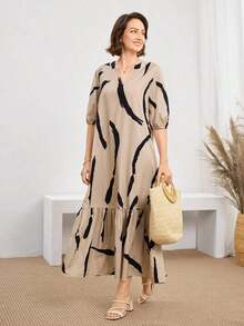 Vestido de verano con estampado completo, cuello con muesca y mangas abullonadas, estilo bohemio para vacaciones - Caqui - Ver 4