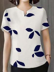 Blusa holgada de manga corta con cuello en V y estampado de hojas, de ajuste versátil, color blanco, para verano - Blanco - Ver 5