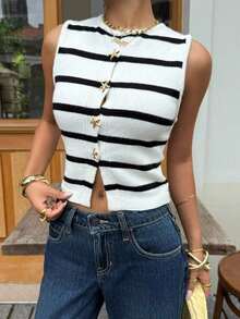 Blusa de punto de rayas informal sin mangas con decoración de metal para mujer - Albaricoque - Ver 7