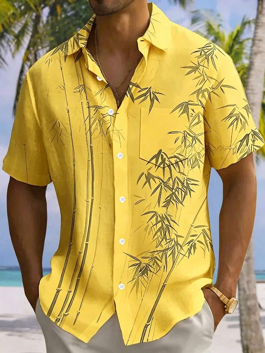 夏威夷竹葉印花男士輕量寬鬆短袖襯衫