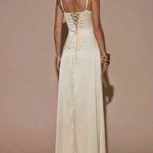 Nana's Women's Clothing Store Vestido elegante de satén con tirantes finos, diseño de costuras para dar forma, con lazo en la espalda, adecuado para bodas, citas nocturnas, vacaciones, fiestas de verano - Amarillo - Ver 1