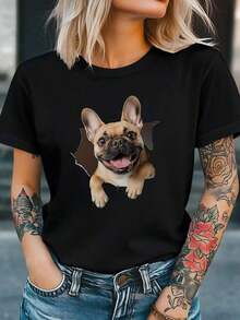 Camiseta 100% algodón con estampado gráfico de perro animado, manga corta, cuello redondo, estilo casual para verano y primavera, ropa de mujer. - Negro - Ver 1