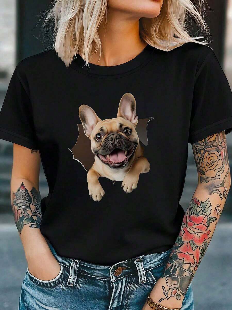 Camiseta 100% algodón con estampado gráfico de perro animado, manga corta, cuello redondo, estilo casual para verano y primavera, ropa de mujer. - Negro - Ver 1