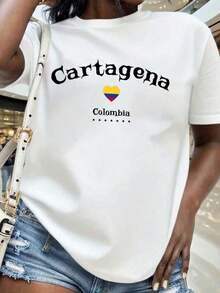 Camiseta Gráfica de Manga Corta, Camiseta de Mujer con Bandera de Corazón de Cartagena, Colombia, Top Casual de Verano, Regalo de Recuerdo de Viaje para Ella, 220g, Vintage - Blanco - Ver 8