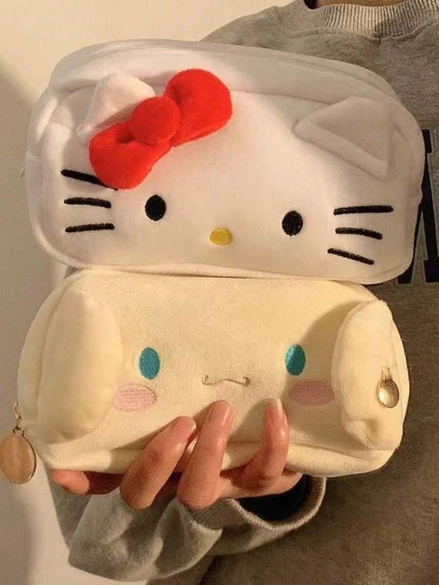 SANRIO 1个卡通Hello Kitty 3D耳朵毛绒铅笔盒，白色主体，红色蝴蝶结装饰，厚实柔软的毛绒材质，大容量拉链文具收纳袋，可爱日式化妆包，多功能收纳袋，适用于学校、办公室、旅行和日常使用，可收纳钢笔、化妆刷和小物件，是返校、通勤和宿舍生活送给朋友的绝佳礼物 - 彩色 - 查看 1