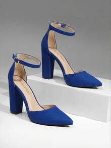 Women's Coco High Heel Pumps: Chunky Block, Pointed Closed Toe & Ankle Strap – Dress Shoes - Royal Blue - View 2