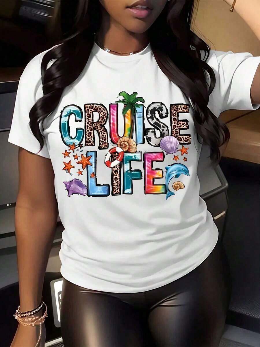 100% Pure Cotton, Women's T-Shirt [Vibrant Beach Tee] Soft, Breathable, Plus Size Graphic Tee For Women, Casual Summer Style With Vibrant Beach Design, Short Sleeves, Round Neck For Fitness, Daily Wear And Outdoor Activities, Beach Tee. - 白色 - 查看 1