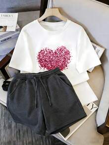 Conjunto de dos piezas de camiseta y shorts para mujer, con patrón de corazón rosa degradado, delicado y romántico, dulce y versátil para uso diario casual - Camiseta blanca + pantalones cortos OXFORT - Ver 1