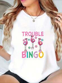Apparently, They Gave Us Trouble When We Played Bingo Together. Who Would Have Thought? Women's Flamingo Graphic T-Shirt, Fun Party Outfit, Casual Wear, Birthday Gift Idea - Vintage Street Style, Unisex, Loose Fit, Cotton, Short Sleeve, Crew Neck, 100% Cotton. - 白色 - 查看 7