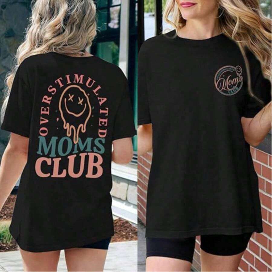 Women's Summer T-Shirts With A 'Mom Club' Graphic Print, Crew Neck, Short Sleeves, Simple Casual Style For Everyday Wear, In Black, Plus Sizes. Graphic Print T-Shirts For Mom's Birthday, Fun Prints For Mom, Women's Summer Clothes, Summer T-Shirts With Face And Letter Prints. - 黑色 - 查看 1
