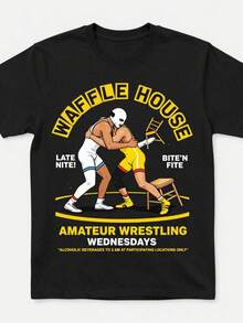 Una camiseta de manga corta para mujer, moderna, a la moda, retro, casual y holgada, adecuada para actividades al aire libre en primavera y verano, 1 pieza de camiseta con diseño retro de lucha libre amateur.|Camiseta divertida de lucha libre de Waffle House, cuello redondo, corte holgado, adecuada para todas las estaciones, tela ligeramente elástica, mangas cortas, diseño con estampado en bloques.blusas para mujer,blusas casuales para dama,tops,, mujer premium,y2k,playeras de mujer curvy,ofertas y liquidaciones ropa mujer,playeras deportivas para mujer,,playeras de hombre, mujer,blusas>elegante MSAZ - Negro - Ver 8