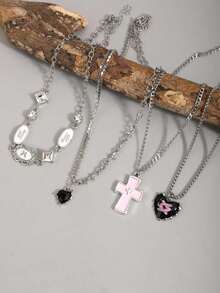 4 chiếc dây chuyền mặt dây chuyền phong cách Gothic Punk dành cho nữ, dây chuyền hình trái tim và thánh giá cá nhân hóa, dây chuyền phong cách Y2K Ballet Core Rock tối màu dành cho nữ. - Bạc - Xem 4