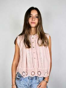 Women Boho Lace Trim Tank Top Sleeveless Button Down Front Tie Lace Babydoll Tops Flowy Crop Top Beach Vacation Tops - 粉色 - 查看 5