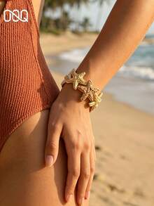 OOQ 1pc Summer Vacation Style Beige Starfish Bangle Bracelet, Handmade Raffia Woven, Suitable For Beach, Party, Daily Wear, Gift For Loved Ones (Handmade Raffia Woven, Random Direction And Shape) - Mixed Coffee - View 4