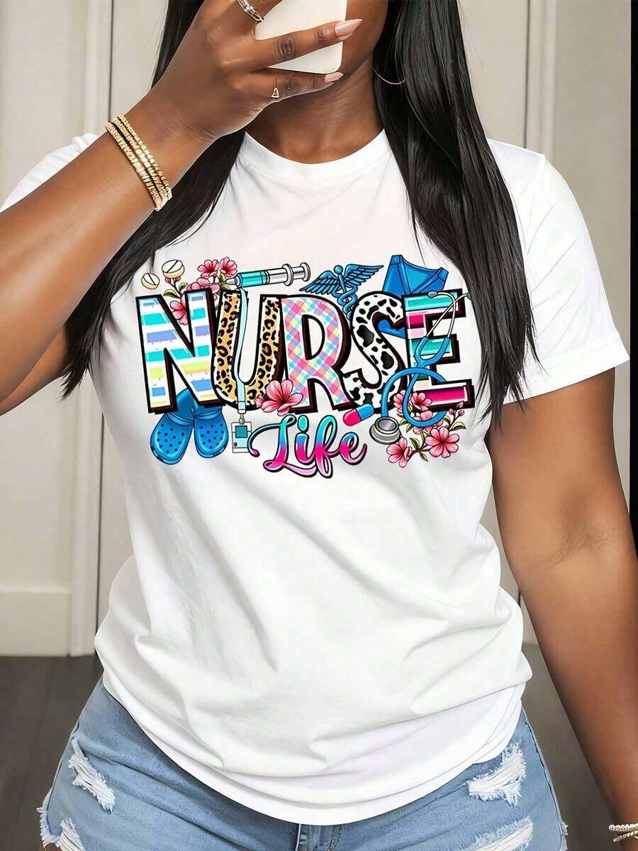 Camiseta de Mujer Nurse Life con Estampado Gráfico Colorido de Temática de Enfermería para Uso Casual en Primavera y Verano - Blanco - Ver 1