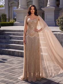 Modphy Gaun Maxi Wanita Seksi Tanpa Lengan dengan Pita Chiffon yang Dapat Dilepas dan Hiasan Rhinestone, Gaun Pesta Malam Formal, Gaun Pengikat, Gaun Pernikahan. - Aprikot - View 8