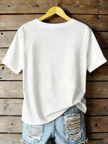 Camiseta de mujer de manga corta, cuello redondo, suave, con estampado de parches de diamantes de imitación de colores y de conejo, adecuada para uso diario, vacaciones y tiempo librePure-Cotton - Blanco 1 - Ver 3