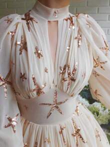 Vestido gasa elegante cuello alto lentejuelas mangas farol abertura falda amplia estilo europeo fiesta - Beis - Ver 6