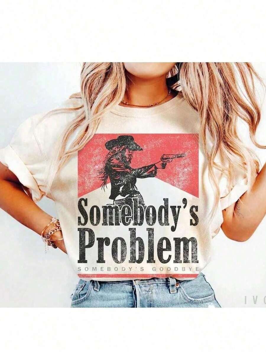 Camiseta de manga corta para mujer con estampado de figura vaquera, cuello redondo, apta para uso diario, salidas casuales, fines de semana y vacaciones, estilo vaquero y casual, ideal para primavera y verano. Envío nacional a todo México. - Albaricoque - Ver 1