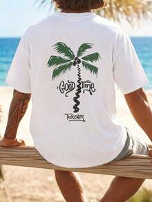 1 camiseta blanca cómoda de manga corta para hombre, camiseta estampada para hombre, suave, transpirable y agradable para la piel, estampado de palmera en la espalda, estilo vacacional, lavable a máquina, para vacaciones de verano en la playa, piscina, Hawái, atuendo casual de verano. - Blanco - Ver 7