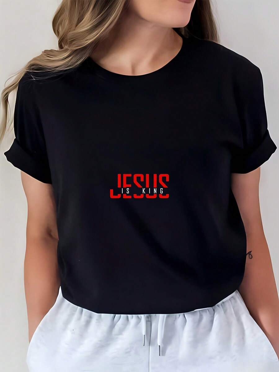 Playeras de Mujer de Algodón Oversize Moda 2026 Jesus is King, camiseta de alta calidad de 180g - Regalo perfecto para Pascua, cumpleaños y reuniones familiares, camiseta unisex ultra suave y ligera, adecuada para la iglesia, uso diario casual y actividades grupales divertidas. Camiseta de manga corta cómoda, suave y sencilla para uso diario. - Negro - Ver 1