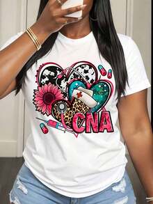 Camiseta de Enfermera para Mujer con Diseño Médico de Corazón, Flores y Estampado de Jeringa, Ropa Casual de Verano para Mujer - Blanco - Ver 6