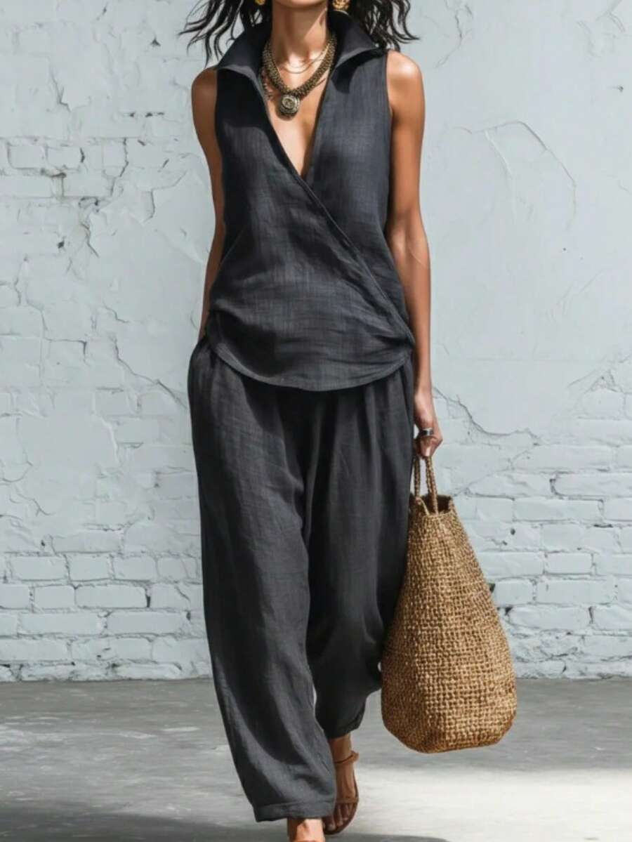 Two-Piece Linen Set With Lapel Collar Shirt And Wide-Leg Trousers - Black - View 1