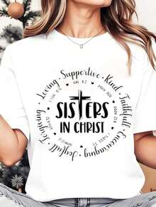 Camiseta de cuello redondo para mujer, hermanas en Cristo, fe cristiana, cruz, versículos bíblicos, cariñosos, solidarios, amables, fieles, atentos, oración, diseño de Escrituras para eventos de culto en la iglesia, vacaciones de Navidad, blusa casual para mujer. - Blanco - Ver 7