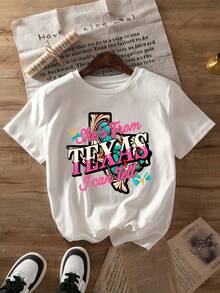 Camiseta de mujer con estampado de lucha libre de Texas, top casual de manga corta y cuello redondo, adecuada para verano y primavera, ropa de mujer, tops para mujer. - Blanco - Ver 7