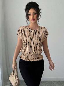 Camiseta de mujer de cuello redondo con estampado, cintura elástica, mangas raglán, apta para primavera/verano/otoño/invierno.Ropa de mujer elegante para conciertos, eventos, diario, commute, bodas, festivales de música. - Marrón - Ver 1
