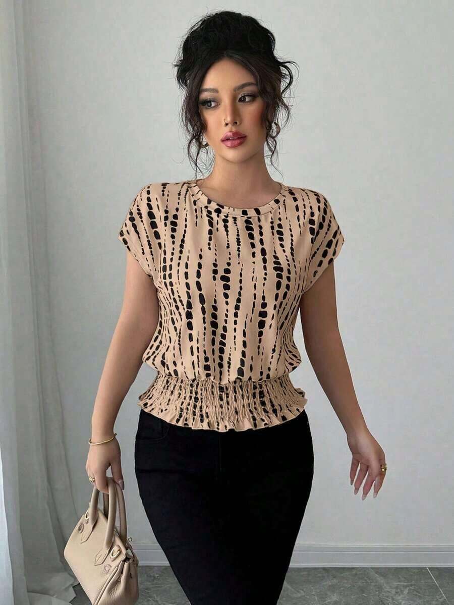 Camiseta de mujer de cuello redondo con estampado, cintura elástica, mangas raglán, apta para primavera/verano/otoño/invierno.Ropa de mujer elegante para conciertos, eventos, diario, commute, bodas, festivales de música. - Marrón - Ver 1