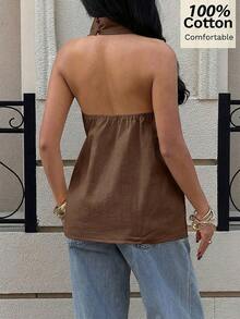 Top halter sin espalda con cruce en el pecho de estilo casual para mujer, de unicolor minimalista, adecuado para vacaciones de verano - Café integral - Ver 2